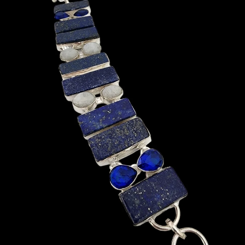 Lapis moonstone bracelet silver gemstone bracelet - statement chunky Q06
